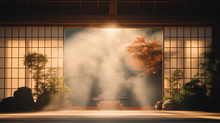 Wall Mural - Samurai shrine with katana displayed on a wooden rack, sunlight streaming through paper windows