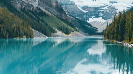 Aufkleber - A tranquil view of the Lake Louise in Canada with its turquoise waters reflecting the surrounding snow-capped mountains and pine trees, serene setting with cool, crisp colors