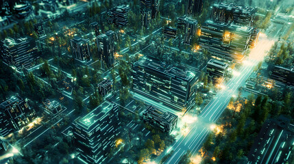 Wall Mural - digital city with high speed information and power grid. digital community, smart society. dx, iot, 