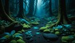 © Backgrounds Textures - Alien forest floor with rough rock formations, bioluminescent plants, and smoky textures in dark greens and blues