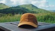 © Sasa Visual - A rustic cap mockup rests on a wooden picnic table in a natural outdoor setting