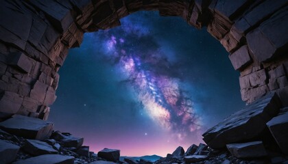 Night sky portal with rough stone textures, scattered stars, and faint swirling galaxy patterns in deep blues and purples