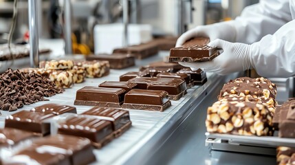 A chocolate production line with chocolate bars being molded and wrapped, chocolate manufacturing, food production process