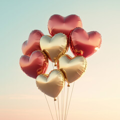 Wall Mural - Gold and pink heart-shaped balloons floating against sky