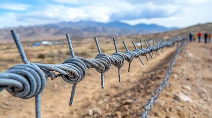 Wall Mural - barbed wire fence, symbolizing boundaries and protection, with a blurred group of people in the background, evoking themes of division, security, and vulnerability