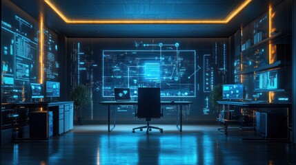 Wall Mural - Futuristic office space with glowing blue digital screens and a single chair in the center.