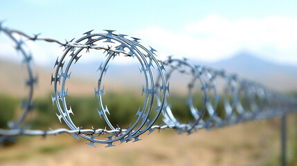 Wall Mural - barbed wire fence, symbolizing boundaries and protection, with a blurred group of people in the background, evoking themes of division, security, and vulnerability