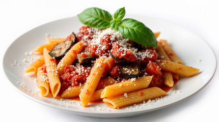 Penne pasta dish with eggplant, tomato sauce, parmesan, and basil