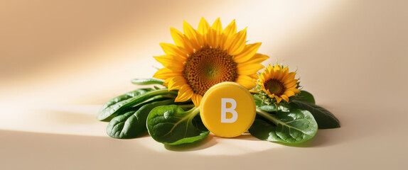 Vitamin b supplement with sunflowers and green leaves on beige background