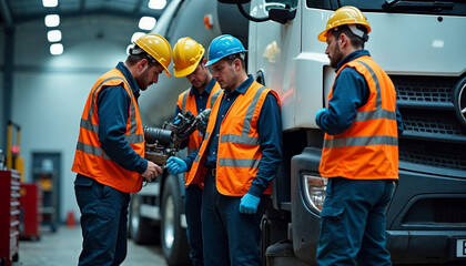 A fuel truck maintenance team inspects and repairs a delivery vehicle in a workshop.