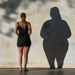 A thin woman’s shadow on a wall appears as an overweight figure, symbolizing distorted self-perception and body image issues. contrast explores themes of identity, insecurity, and body dysmorphia