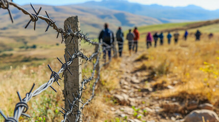 Wall Mural - barbed wire fence, symbolizing boundaries and protection, with a blurred group of people in the background, evoking themes of division, security, and vulnerability