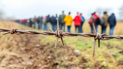 Wall Mural - barbed wire fence, symbolizing boundaries and protection, with a blurred group of people in the background, evoking themes of division, security, and vulnerability