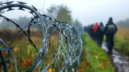 Wall Mural - barbed wire fence, symbolizing boundaries and protection, with a blurred group of people in the background, evoking themes of division, security, and vulnerability