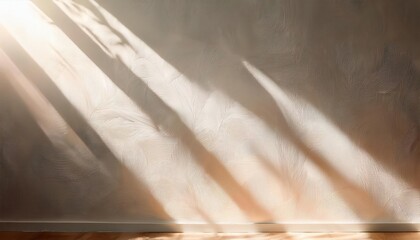 Poster - Soft Sunlight Casting Long Shadows on a Textured Minimalist Wall. Perfect for Modern Backgrounds, Interior Design Mockups, Product Showcases, and Lifestyle Visuals in Warm, Natural Light