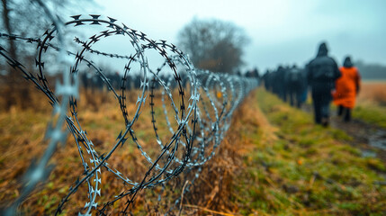 barbed wire fence, symbolizing boundaries and protection, with a blurred group of people in the background, evoking themes of division, security, and vulnerability