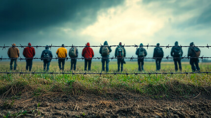 Wall Mural - barbed wire fence, symbolizing boundaries and protection, with a blurred group of people in the background, evoking themes of division, security, and vulnerability