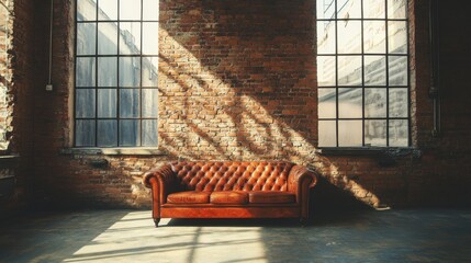 A Brown Leather Sofa in Front of an Exposed Brick Wall with Two Large Windows