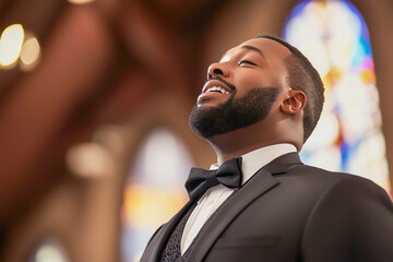 afro american man singing in the church. gospel singer singing. joyful devotion, faith and belief in