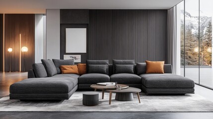 Poster - Modern Living Room with Grey Sectional Sofa and White Rug