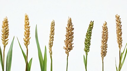 Close-up of golden wheat spikelets isolated on white background, showcasing the natural texture and details of harvest-ready grains, ideal for agricultural, farming, and organic crop themes
