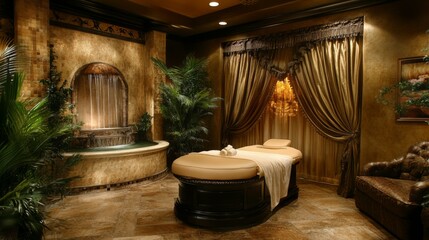 Poster - Luxurious Spa Room with Waterfall Fountain and Massage Table