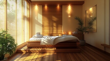 Poster - Minimalist Wooden Spa Room with a Bed and Natural Light