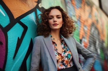 A confident woman in an elegant blazer and floral blouse stands against the backdrop of vibrant street art, her curly hair flowing gracefully as she poses for the camera with one hand on her hip