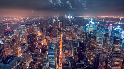 Poster - A vibrant view of the bustling streets and historic buildings of New York City with iconic landmarks and skyscrapers under the bright city lights