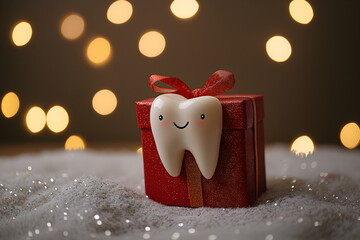 Wall Mural - smiling tooth on red gift box with glitter in snow. dental practice christmas promotions
