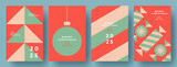 Fototapeta Panele - Set of Xmas card, banner, cover, poster in retro geometric minimalist style with simple shapes of Christmas tree, ball, candies. Merry Christmas and Happy New Year 2025 posters design templates