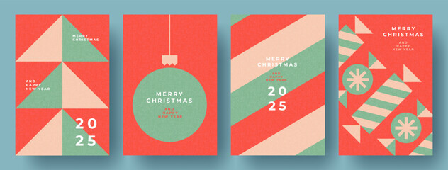 Wall Mural - set of xmas card, banner, cover, poster in retro geometric minimalist style with simple shapes of ch