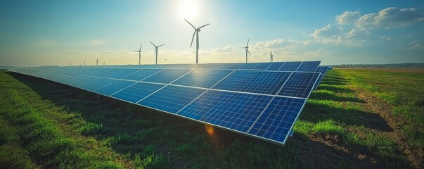 solar panels with wind turbines cultivate a field. green energy sources. a sunny setting with an ene