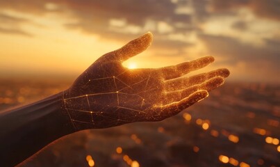 Futuristic Hand Interacting with Digital Data Stream in Virtual Reality Environment at Sunset for Business Technology and Innovation Concepts, Generative AI