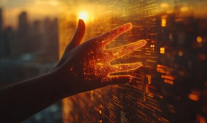 Futuristic Hand Interacting with Digital Data Stream in Virtual Reality Environment at Sunset for Business Technology and Innovation Concepts, Generative AI