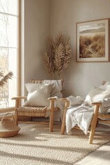 Wall Mural - Scandi-boho style living room interior with frame mockup, 3d render, Generative AI