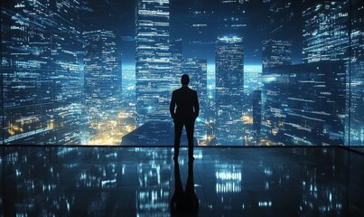 Businessman Explores Futuristic City Reflecting Data Management Concept at Night, Generative AI