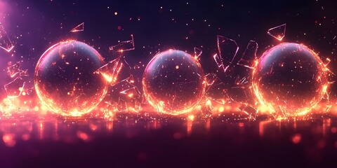 Three glowing spheres in a cosmic scene, surrounded by shards of light and vibrant colors, creating a dynamic and energetic atmosphere.