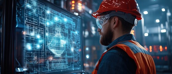 a worker wearing a hard hat a shipyard at ship with digital neon blueprints overlaying the scene fair light