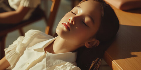 Close-up of a schoolchild sleeping in a lesson sitting at a desk. Tiredness, fatigue of adolescents, lack of sleep and vitamins