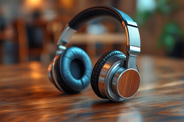 Stylish headphones on a wooden table with a blurred background, emphasizing sleek design and quality craftsmanship.