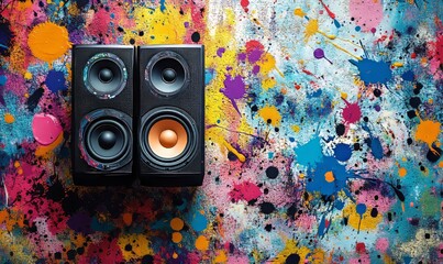 Vibrant Music Speakers Against Colorful Paint Splash Background - Fun Music Concept, Vibrant Party Vibes, Artistic Audio System Display, Black Speakers on Splattered, Generative AI