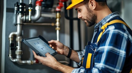 Wall Mural - A man in a yellow hat and blue plaid shirt is holding a tablet and looking at it