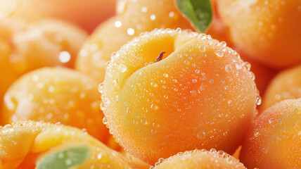 Fresh apricots glistening with water droplets, showcasing their vibrant color and texture