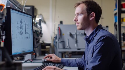 focused engineer analyzing technical schematics on computer in industrial environment