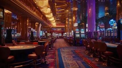 A wide-angle shot of a deserted casino floor with rows of empty tables and slot machines, the quietness and lack of people giving a calm, almost haunting vibe.