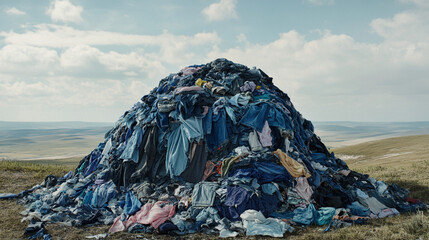 textile waste heap environmental pollution clothes landfill blue denim mountains natu