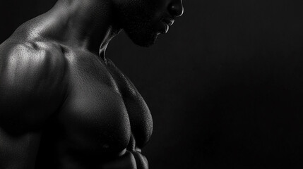 Man with a very muscular chest and arms. The image is in black and white. The man is standing in front of a dark background