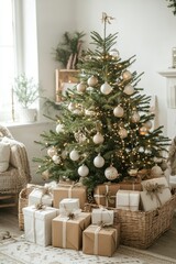 Wall Mural - The living room features a beautifully decorated Christmas tree adorned with white and gold ornaments, surrounded by elegant gift boxes.