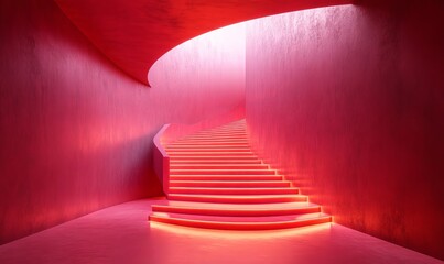 Futuristic Light Red Room with Illuminated Stairway for Modern Product Podium Presentation in Sleek Underground Tunnel, Generative AI